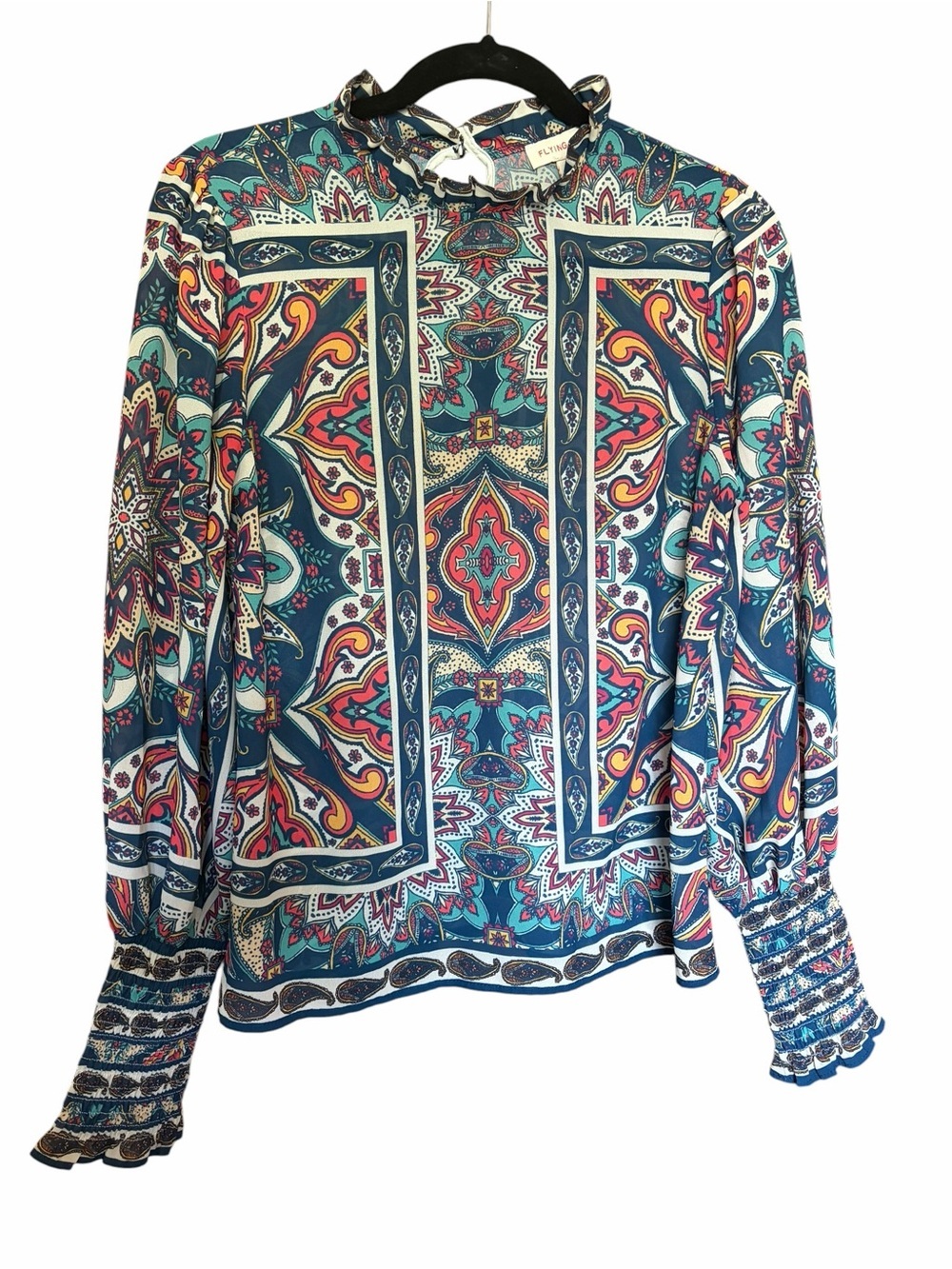 Boho Teal Multi Paisley-Print Long-Sleeve Blouse